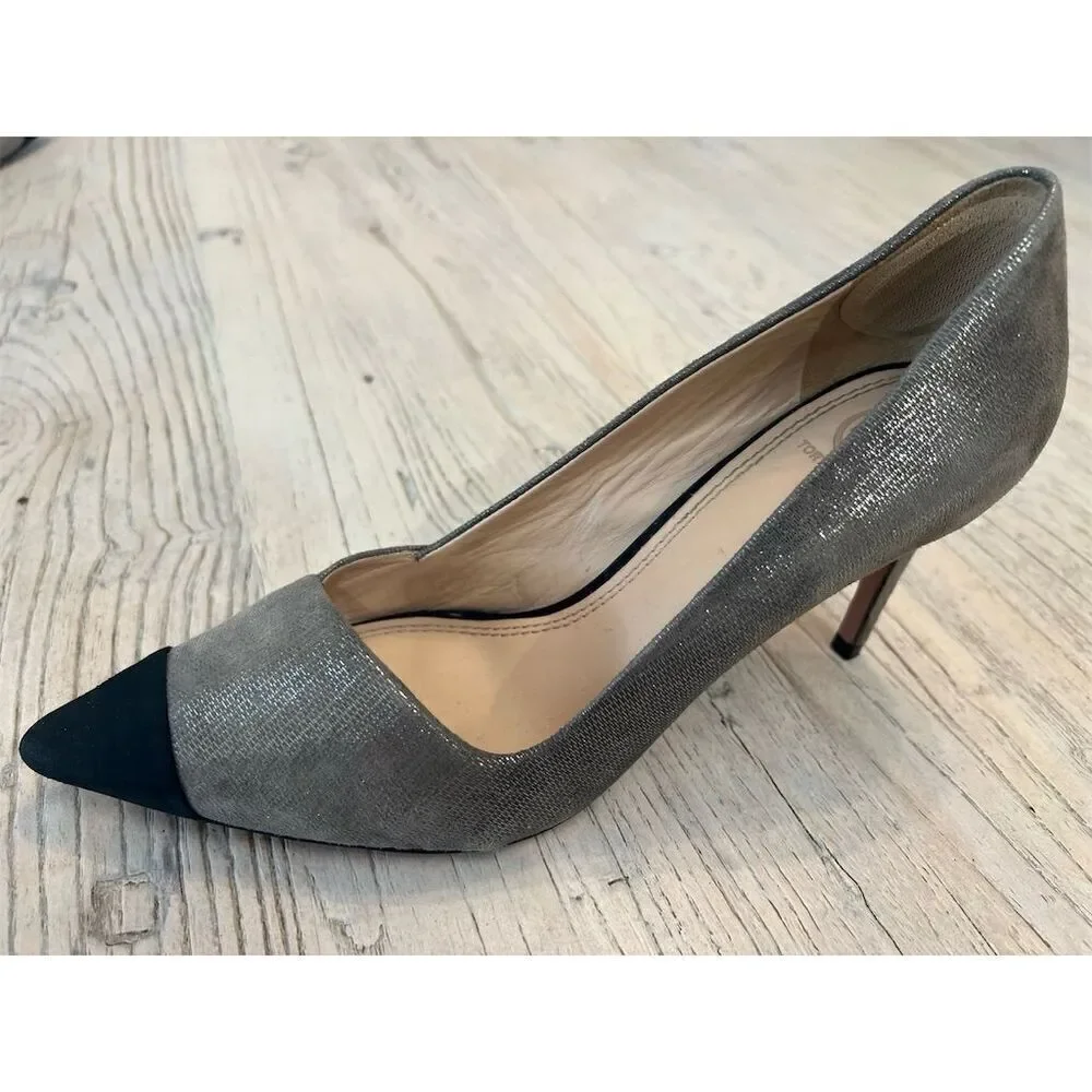 Tory Burch Shaila Heel Women's Pumps Gray Silver Black Cap Toe Size 9.5